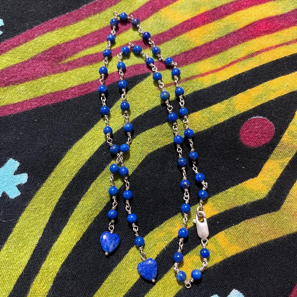 Vintage Blue Beaded Necklace with Heart Charms